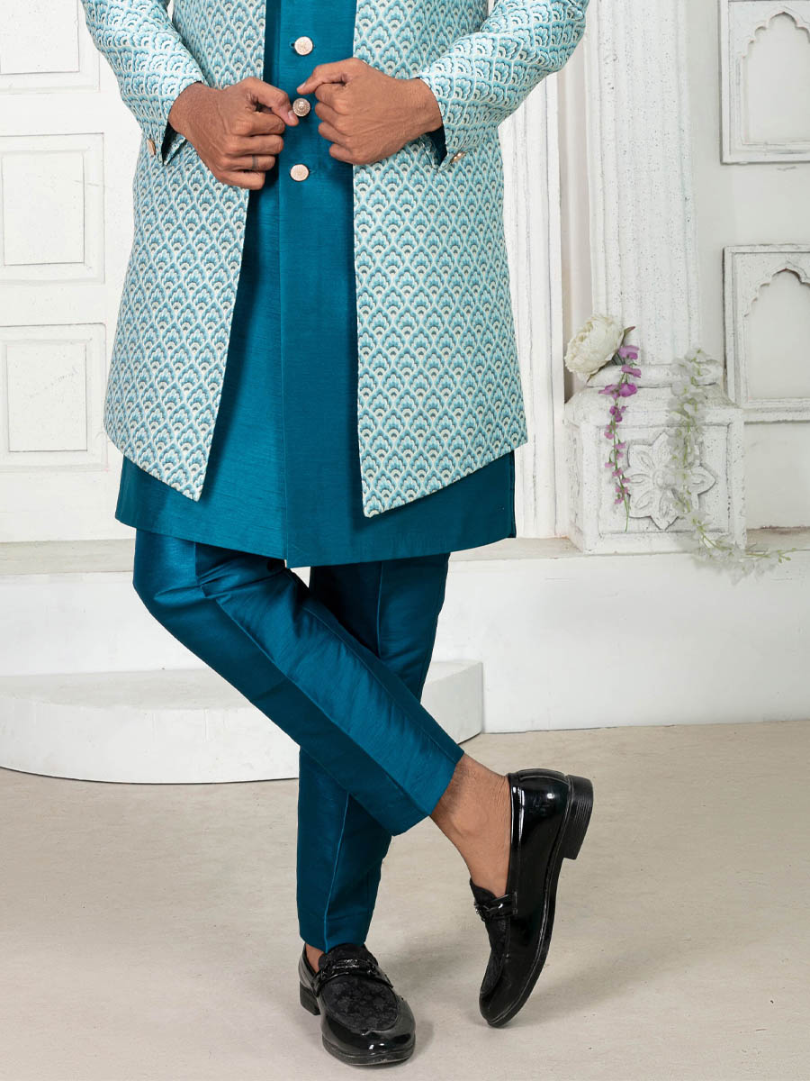 Teal Jecquard Embroidered Wedding Groom Sherwani