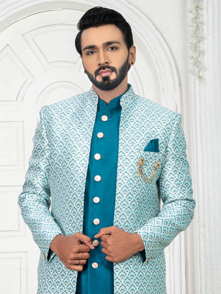 Teal Jecquard Embroidered Wedding Groom Sherwani