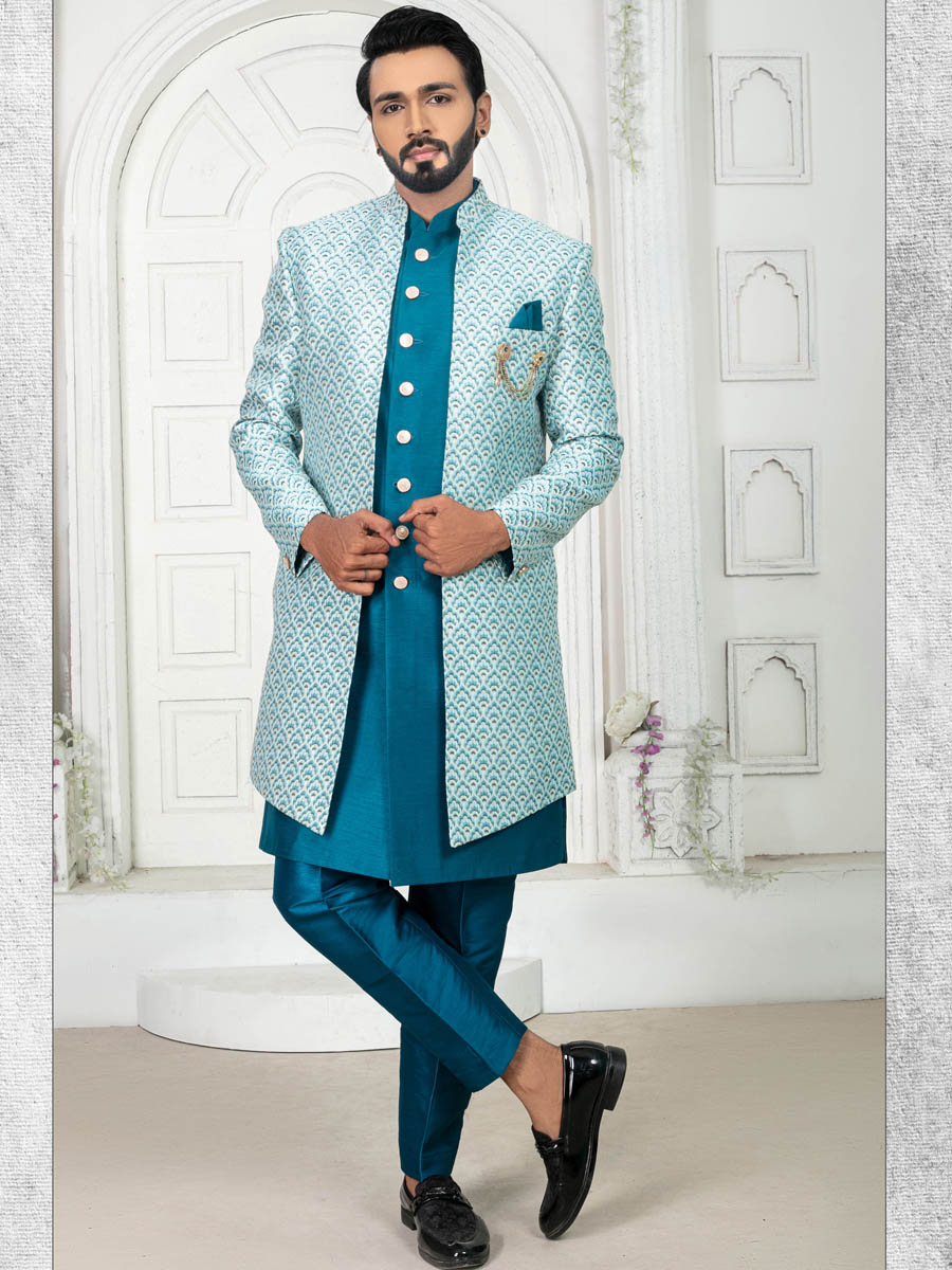 Teal Jecquard Embroidered Wedding Groom Sherwani