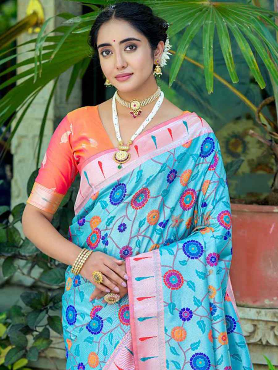 Teal Kanjivaram Silk Handwoven Wedding Festival Heavy Border Saree