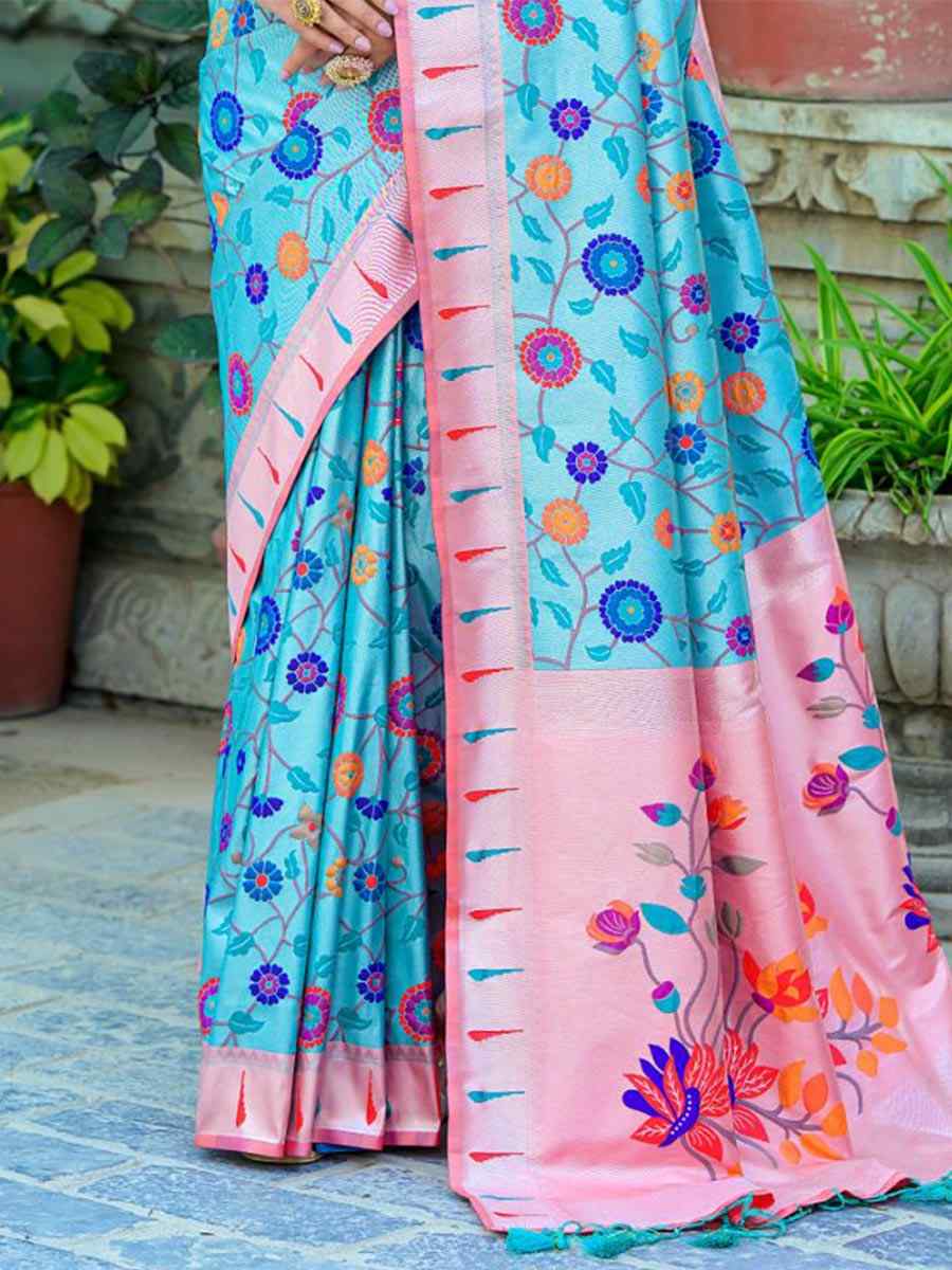 Teal Kanjivaram Silk Handwoven Wedding Festival Heavy Border Saree