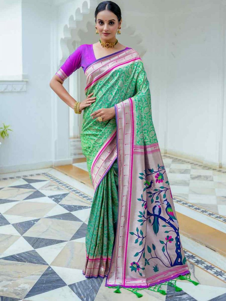 Teal Kanjivaram Silk Handwoven Wedding Festival Heavy Border Saree