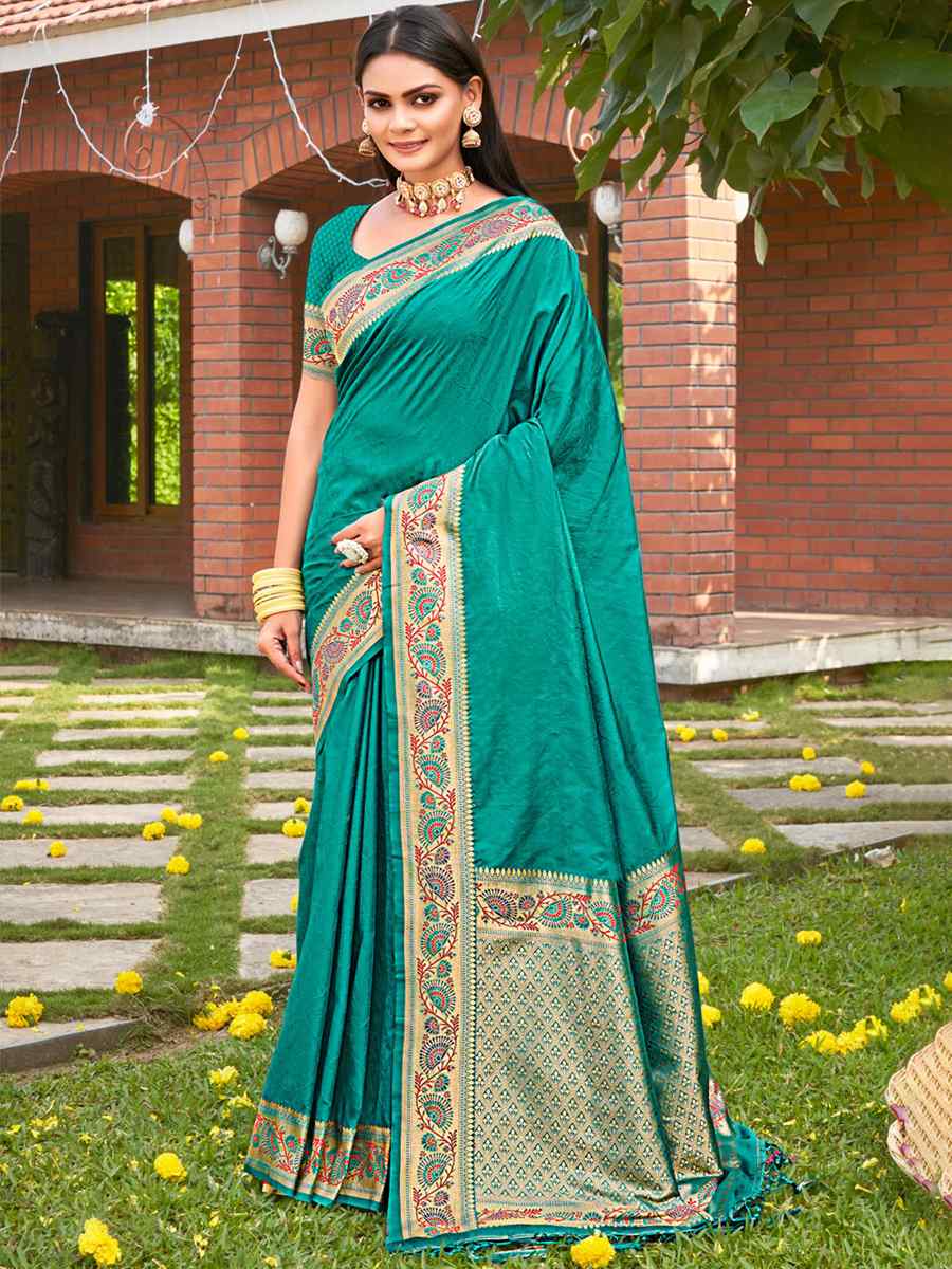 Teal Kanjivaram Silk Handwoven Wedding Festival Heavy Border Saree