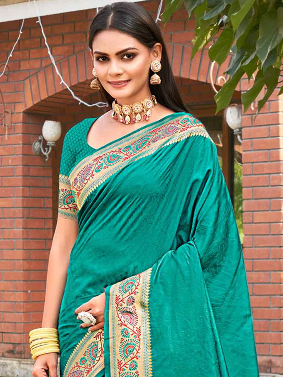 Teal Kanjivaram Silk Handwoven Wedding Festival Heavy Border Saree