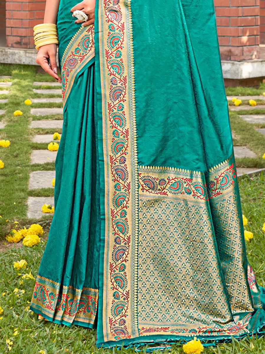 Teal Kanjivaram Silk Handwoven Wedding Festival Heavy Border Saree
