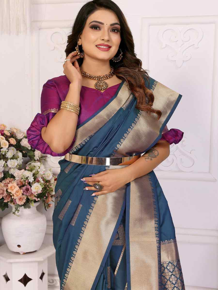 Teal Lichi Soft Silk Handwoven Festival Wedding Fancy Heavy Border Saree