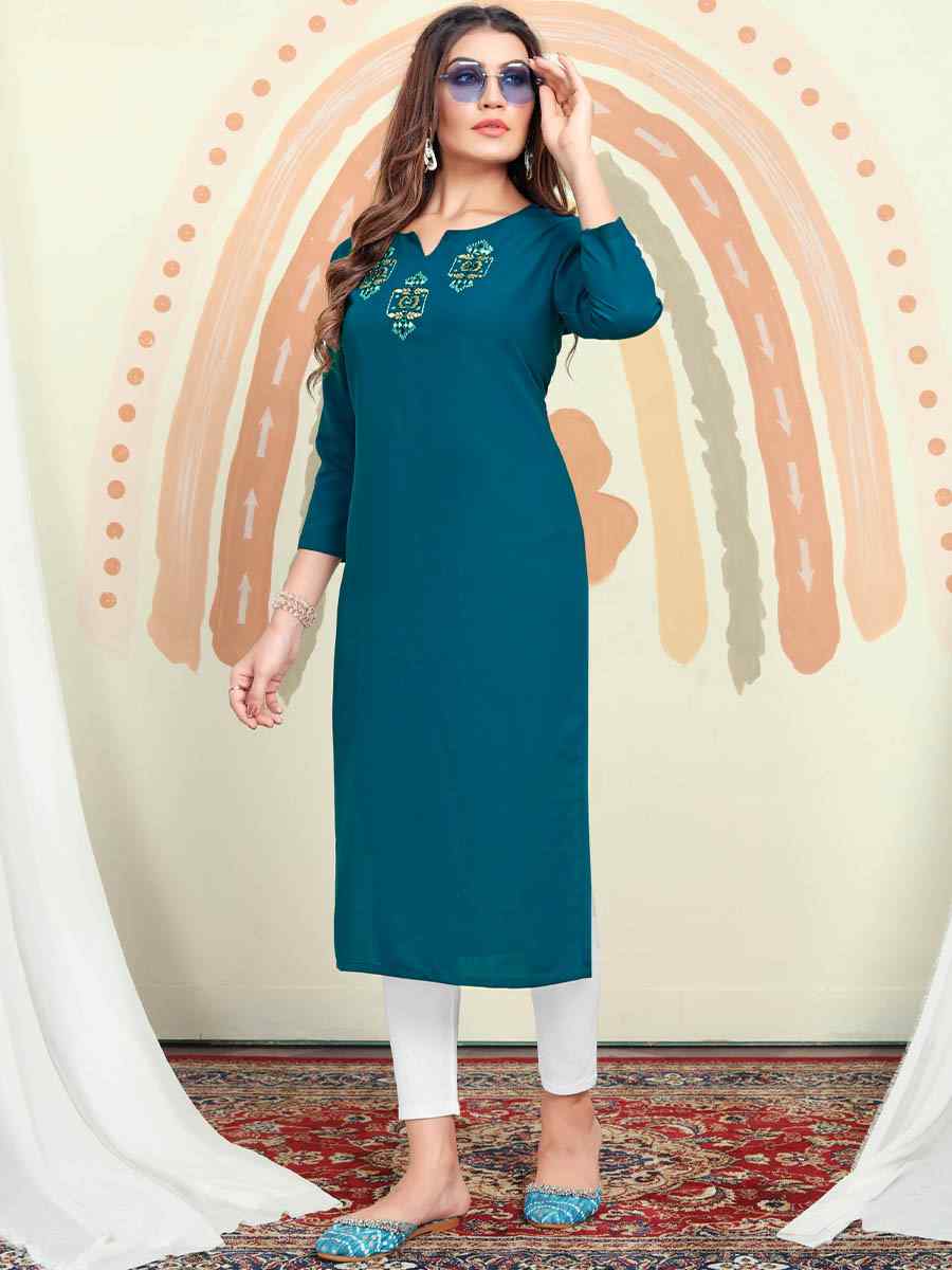 Teal Maaza Cotton Embroidered Festival Casual Kurti