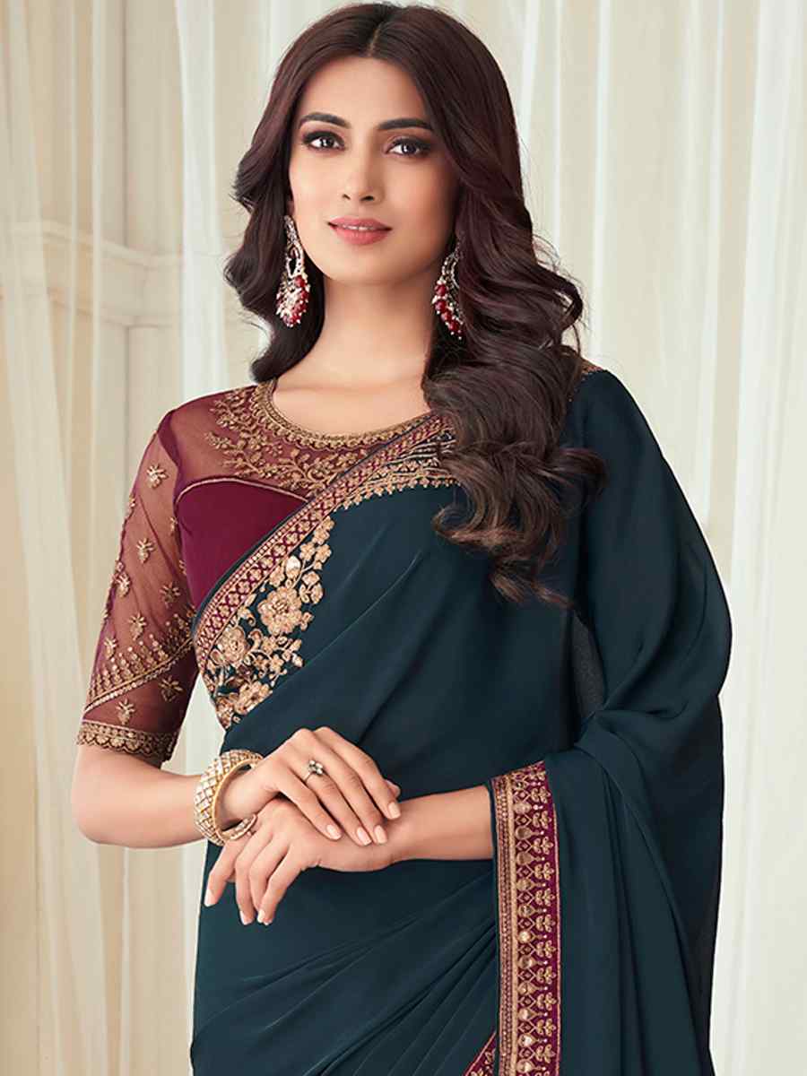 Teal Milano Silk Embroidered Party Festival Heavy Border Saree
