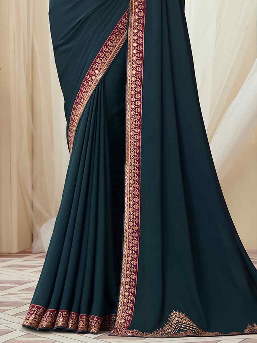 Teal Milano Silk Embroidered Party Festival Heavy Border Saree