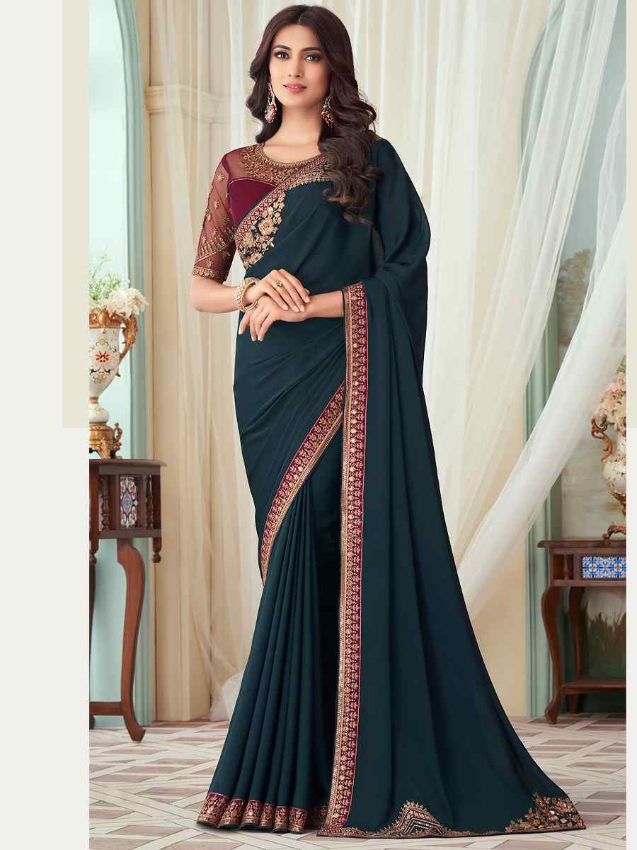 Teal Milano Silk Embroidered Party Festival Heavy Border Saree