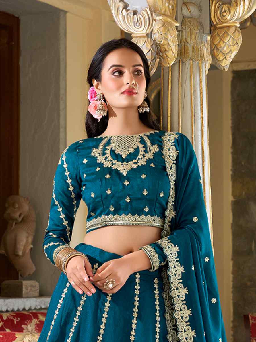 Teal Moonga Silk Embroidery Reception Party Wear Heavy Border Lehenga Choli