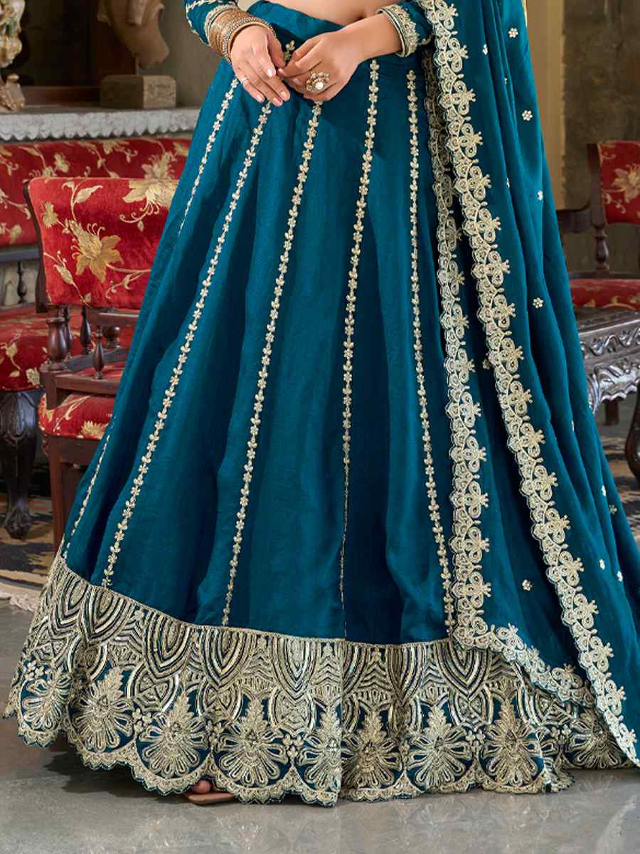 Teal Moonga Silk Embroidery Reception Party Wear Heavy Border Lehenga Choli