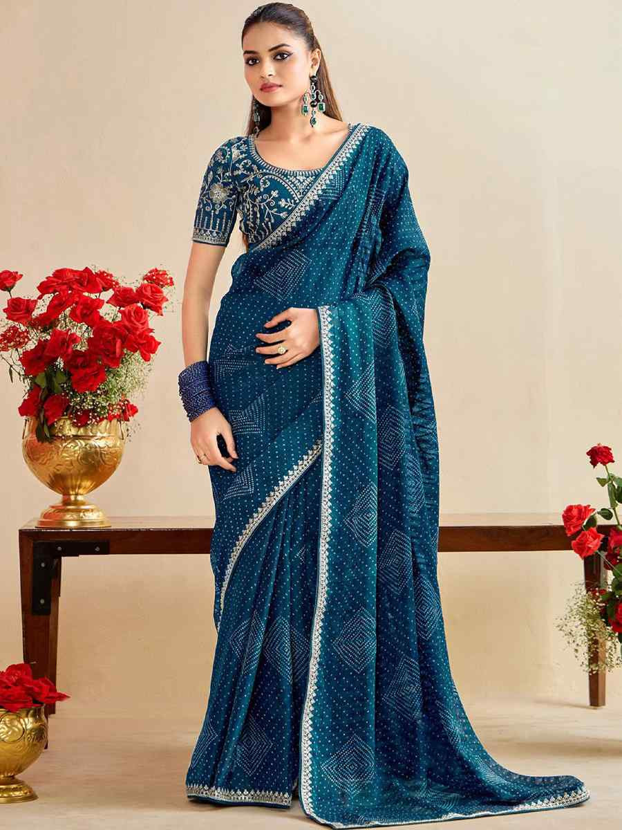 Teal Moss Chiffon Embroidery Party Bridal Reception Festival Wedding Fancy Heavy Border Saree