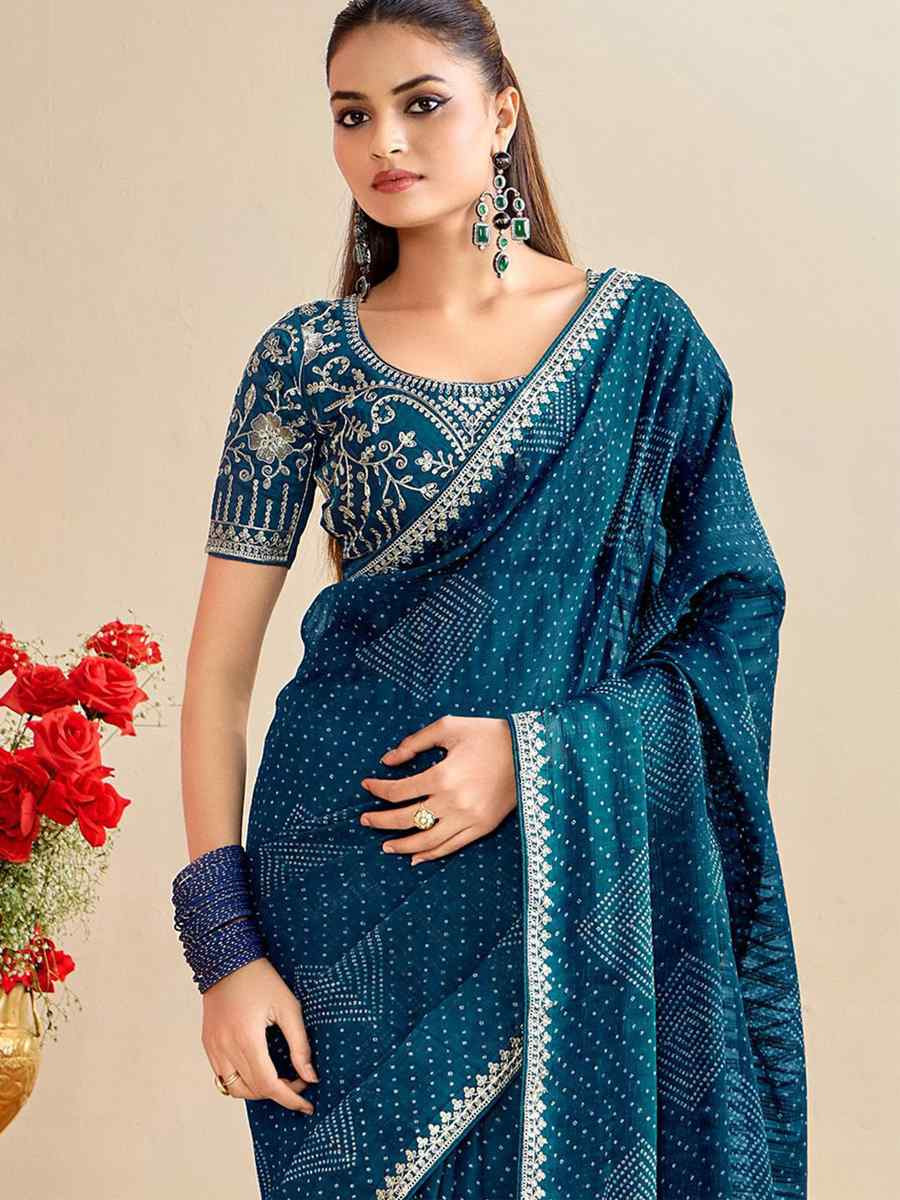 Teal Moss Chiffon Embroidery Party Bridal Reception Festival Wedding Fancy Heavy Border Saree