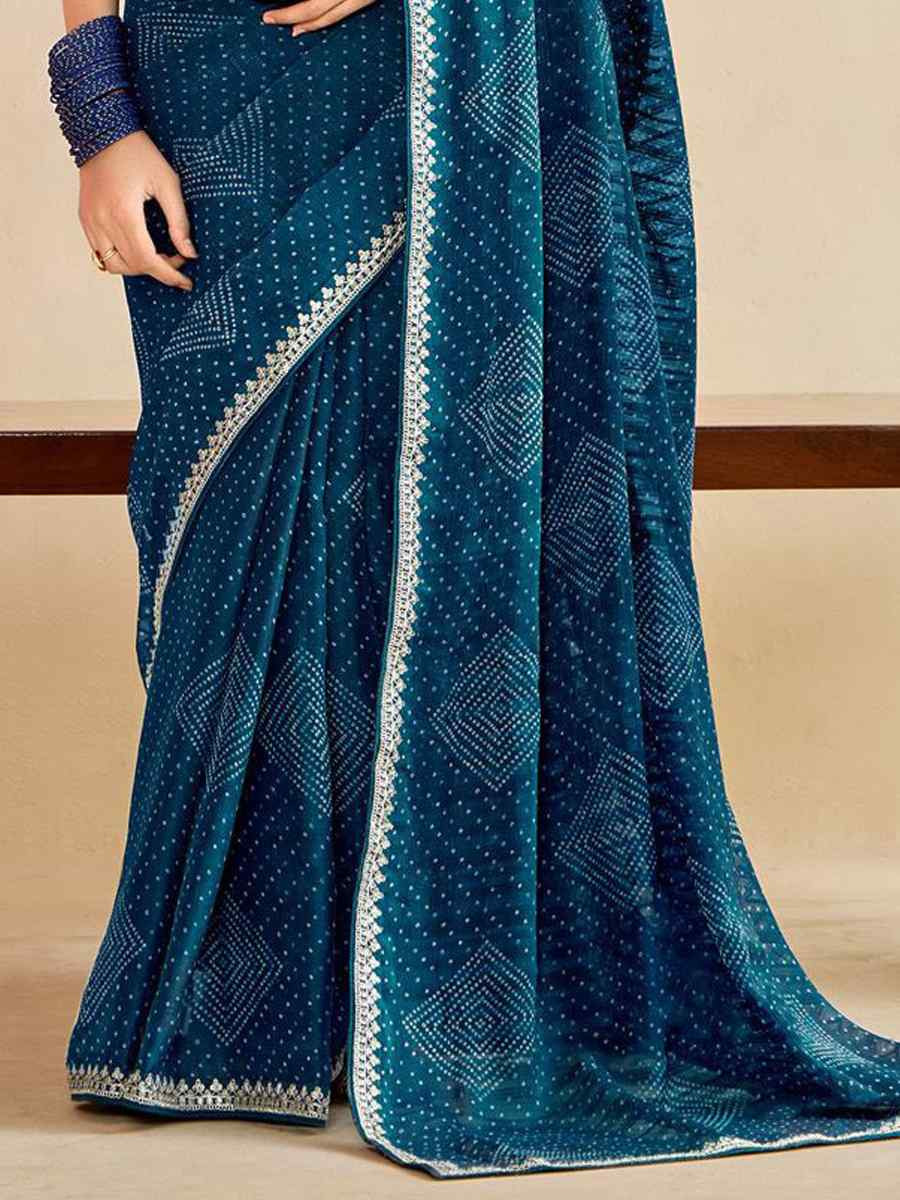 Teal Moss Chiffon Embroidery Party Bridal Reception Festival Wedding Fancy Heavy Border Saree