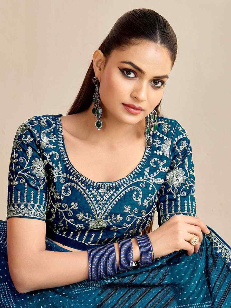 Teal Moss Chiffon Embroidery Party Bridal Reception Festival Wedding Fancy Heavy Border Saree