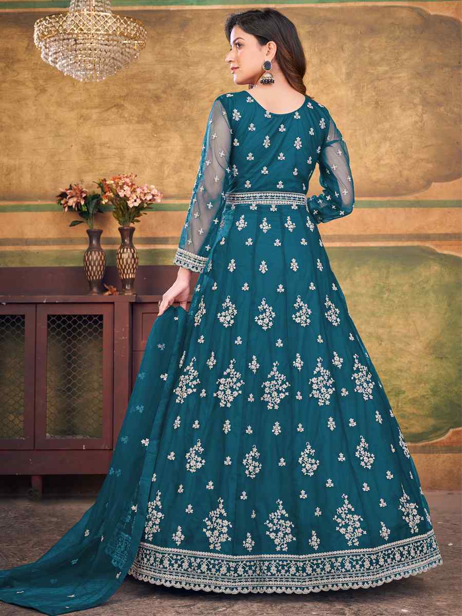 Teal Net Embroidered Festival Wedding Anarkali Salwar Kameez