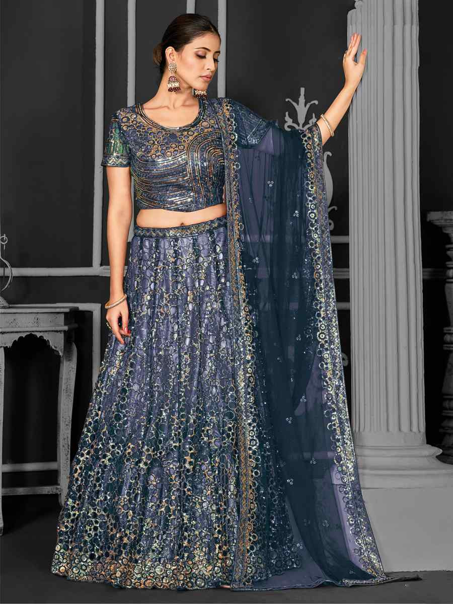 Teal Net Embroidered Festival Wedding Ceremony Circular Lehenga Choli