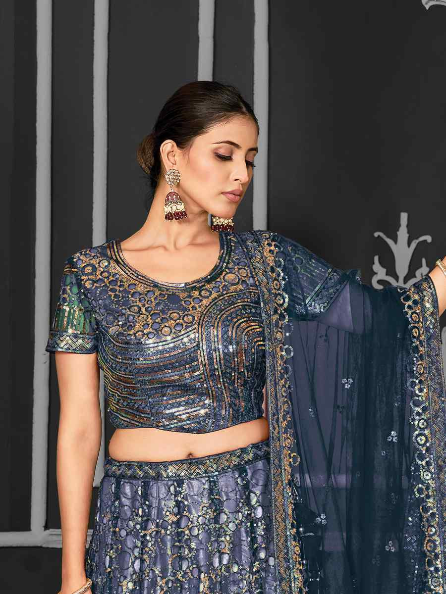 Teal Net Embroidered Festival Wedding Ceremony Circular Lehenga Choli