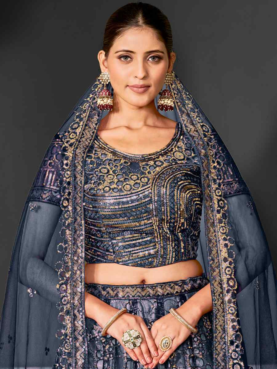 Teal Net Embroidered Festival Wedding Ceremony Circular Lehenga Choli