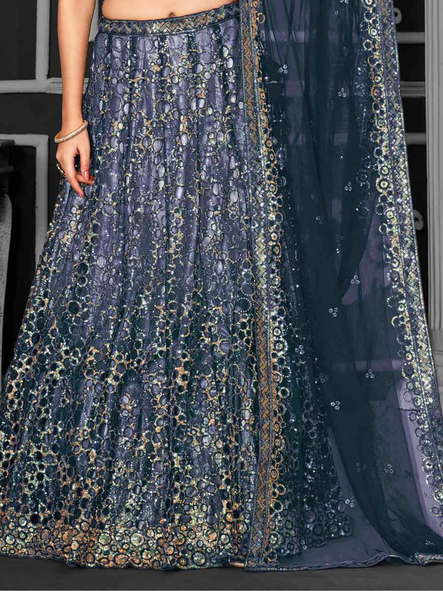 Teal Net Embroidered Festival Wedding Ceremony Circular Lehenga Choli