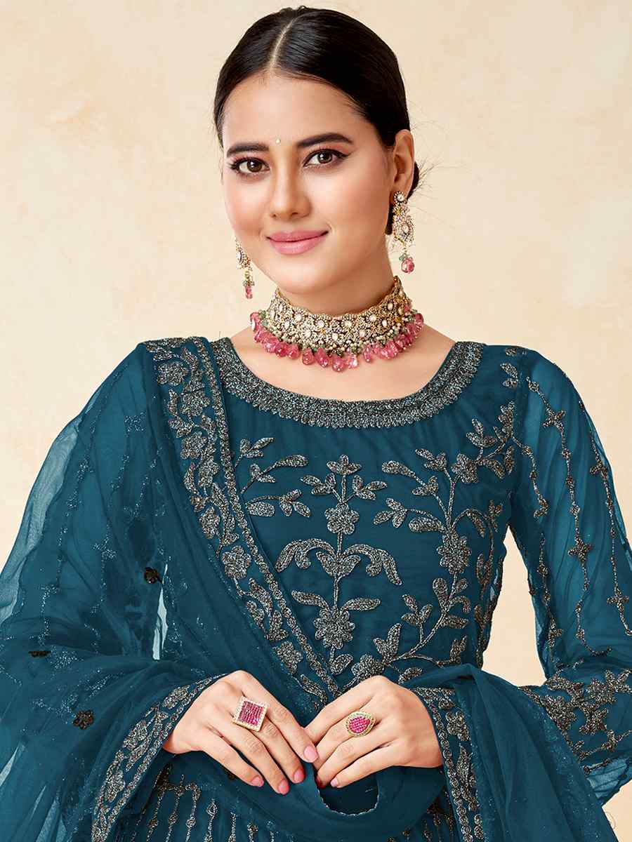 Teal Net Embroidered Wedding Festival Anarkali Salwar Kameez