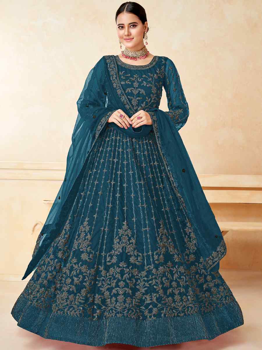 Teal Net Embroidered Wedding Festival Anarkali Salwar Kameez