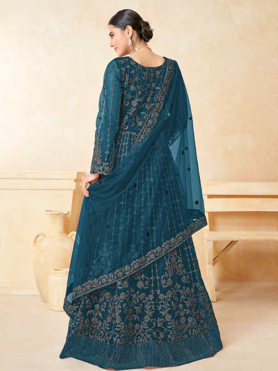 Teal Net Embroidered Wedding Festival Anarkali Salwar Kameez
