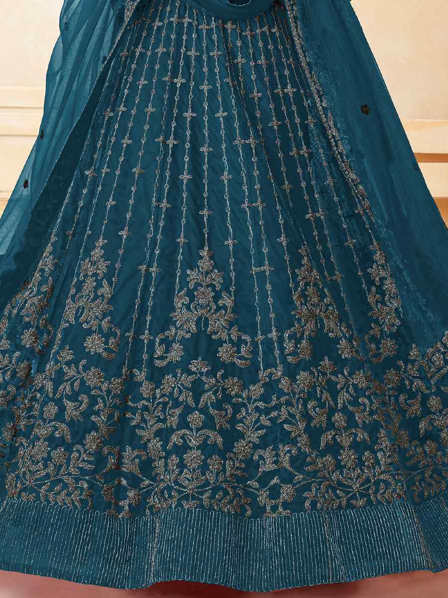 Teal Net Embroidered Wedding Festival Anarkali Salwar Kameez
