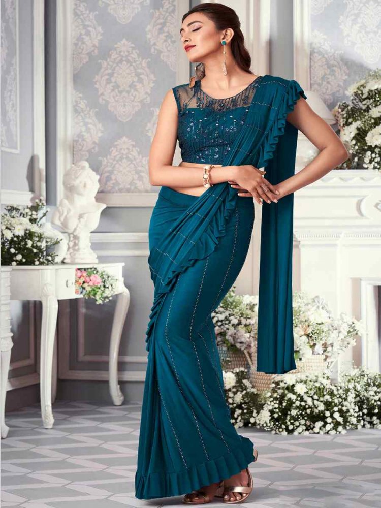 Teal Net Embroidered Wedding Party Heavy Border Saree