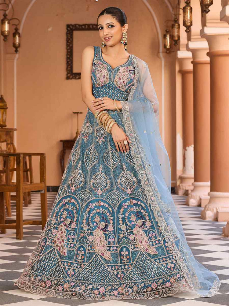 Image of Teal Net Embroidered Wedding Reception Festival Heavy Border Lehenga Choli