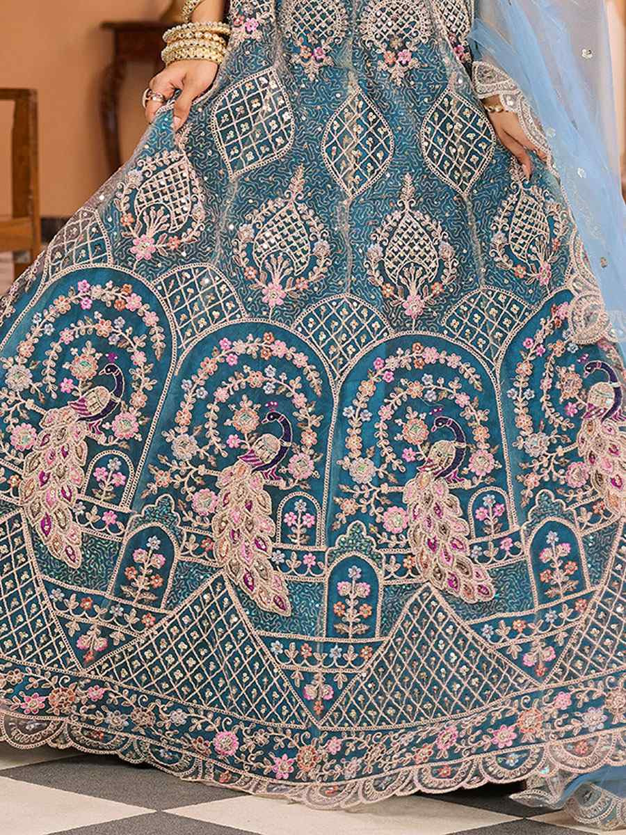 Teal Net Embroidered Wedding Reception Festival Heavy Border Lehenga Choli
