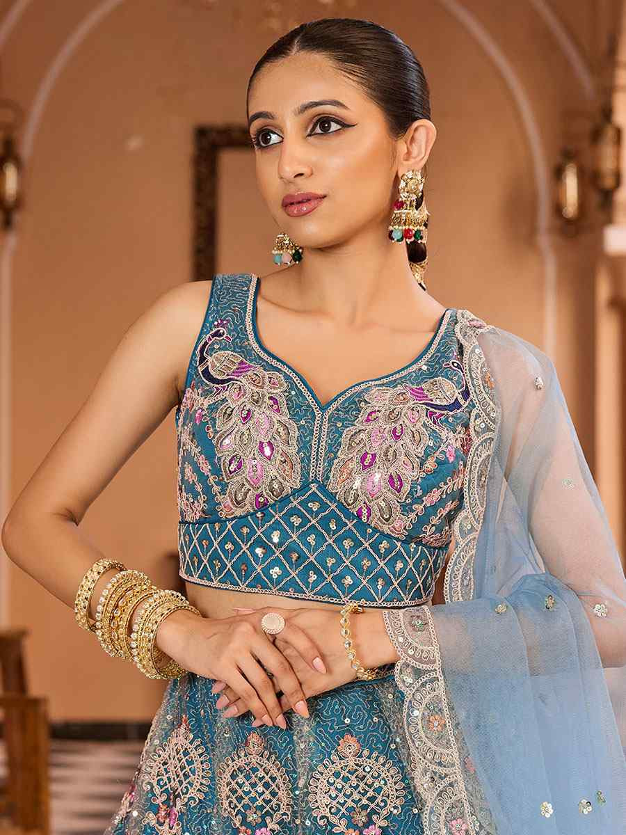 Teal Net Embroidered Wedding Reception Festival Heavy Border Lehenga Choli