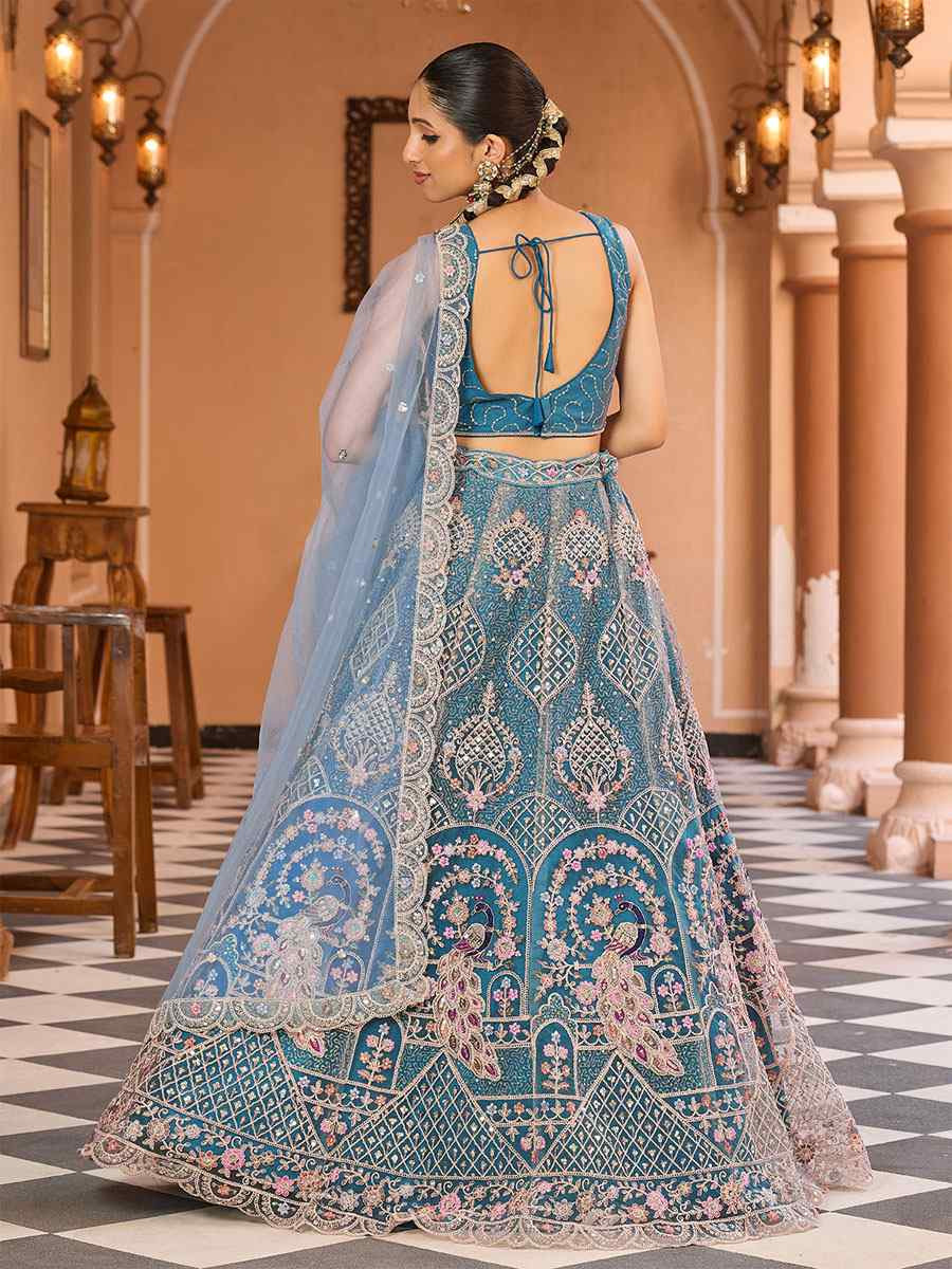 Teal Net Embroidered Wedding Reception Festival Heavy Border Lehenga Choli