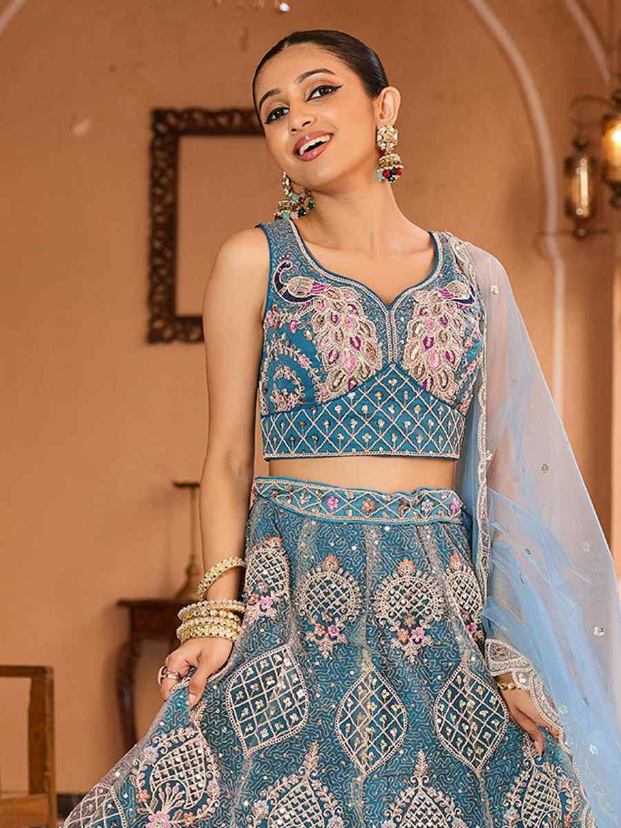 Teal Net Embroidered Wedding Reception Festival Heavy Border Lehenga Choli