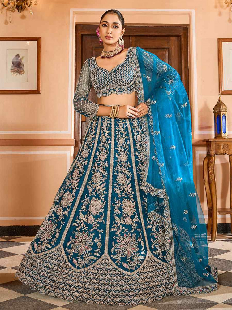 Image of Teal Net Embroidered Wedding Reception Festival Heavy Border Lehenga Choli