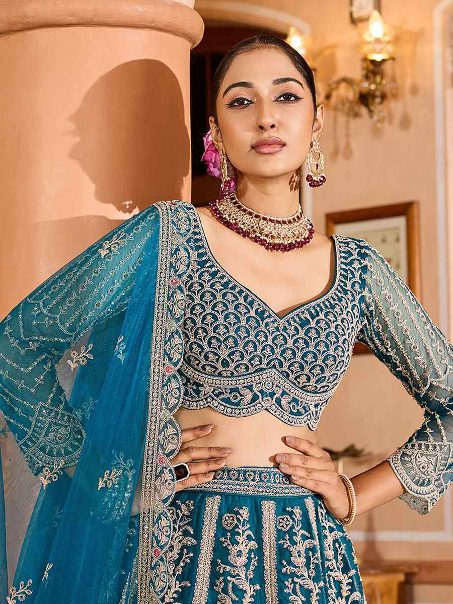 Teal Net Embroidered Wedding Reception Festival Heavy Border Lehenga Choli