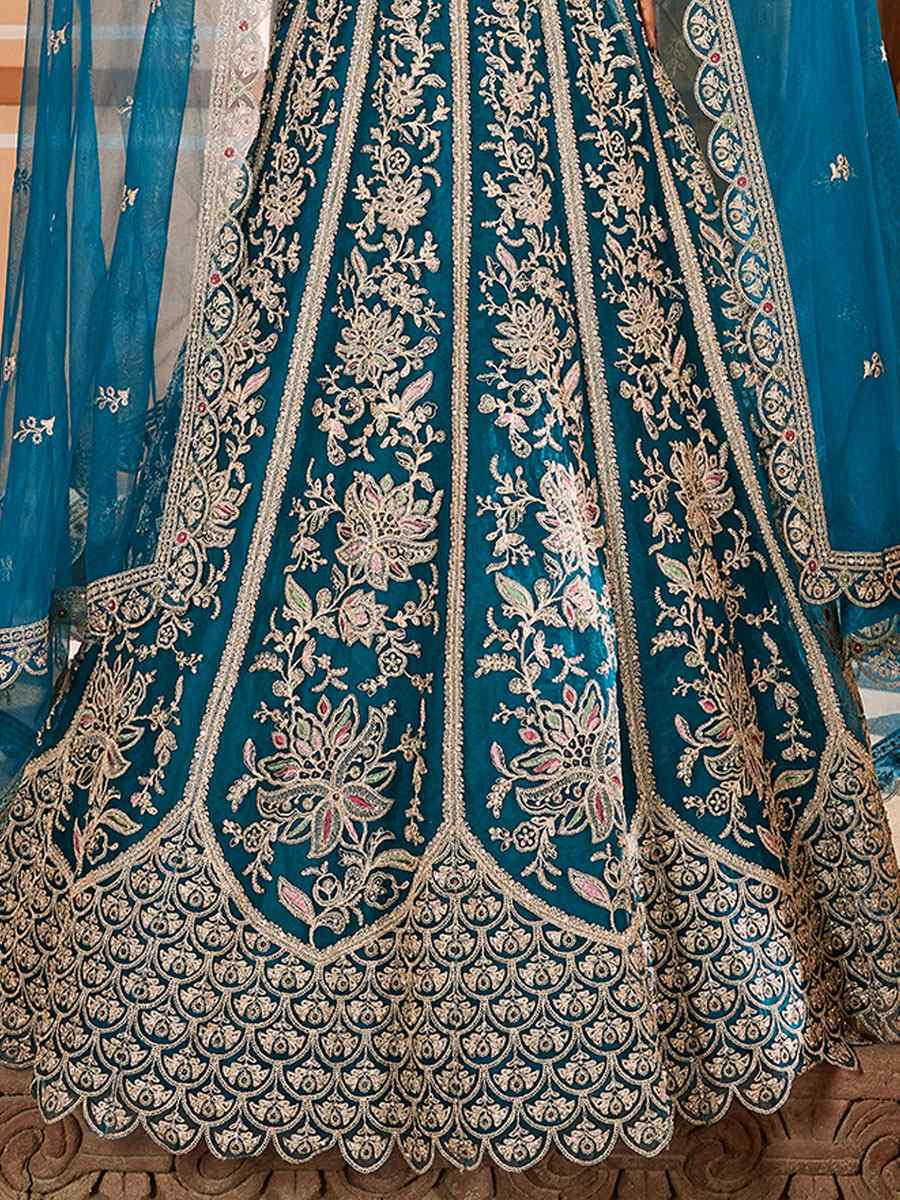Teal Net Embroidered Wedding Reception Festival Heavy Border Lehenga Choli