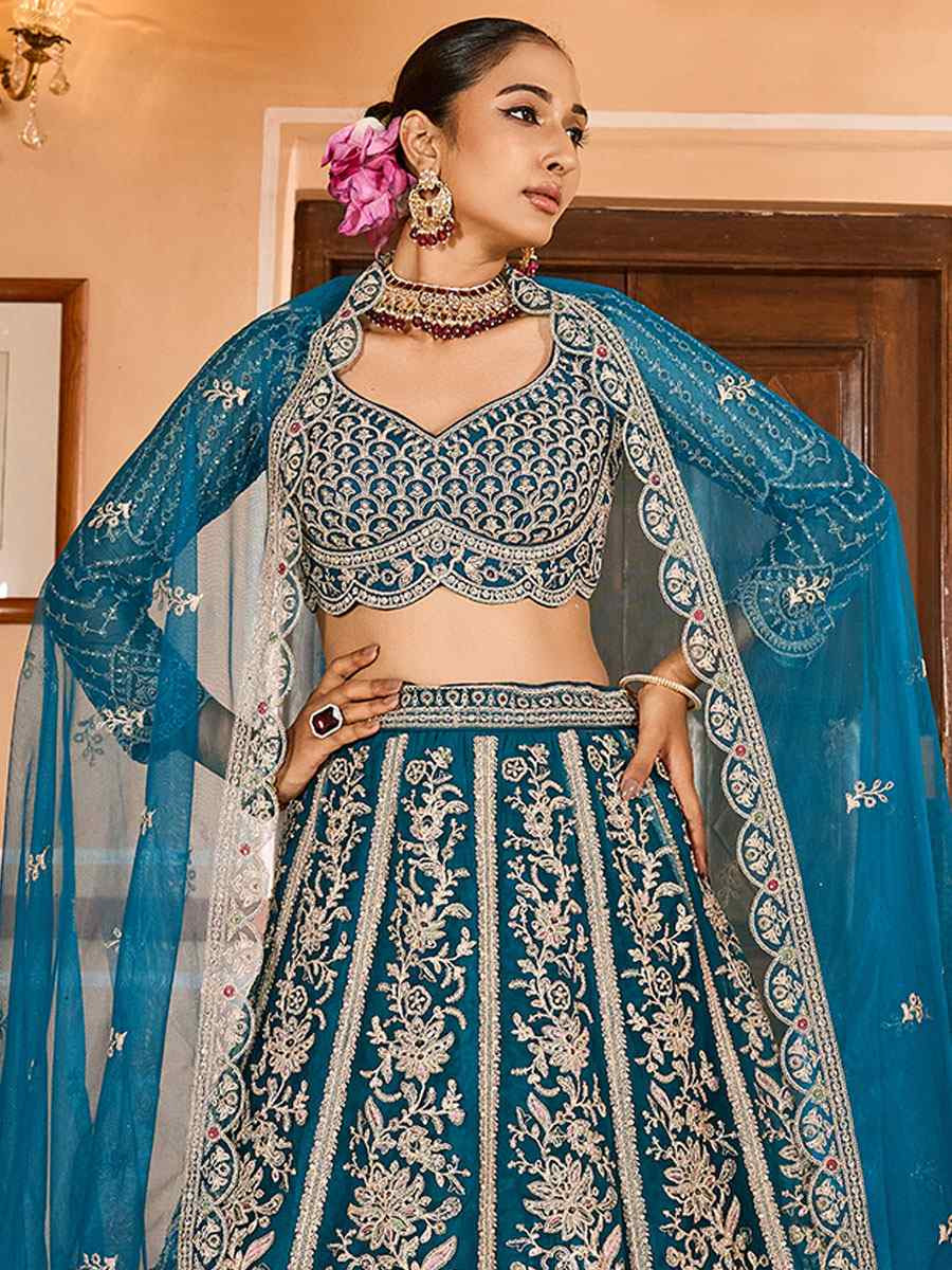 Teal Net Embroidered Wedding Reception Festival Heavy Border Lehenga Choli