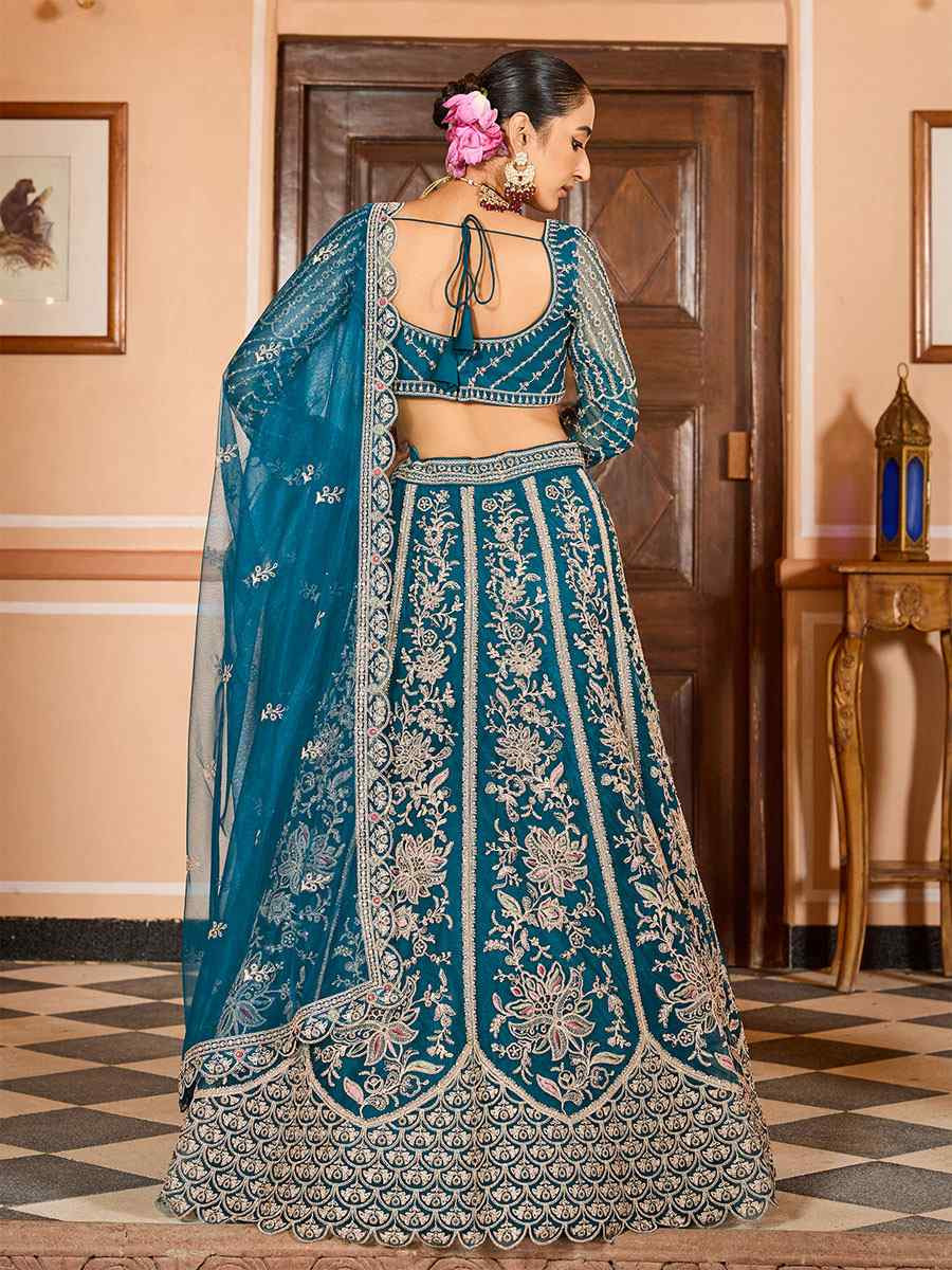 Teal Net Embroidered Wedding Reception Festival Heavy Border Lehenga Choli