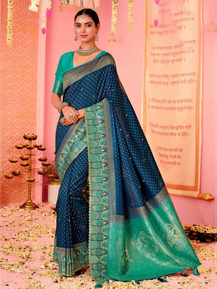 Teal Nylon Dolla Silk Handwoven Casual Festival Wedding Heavy Border Saree