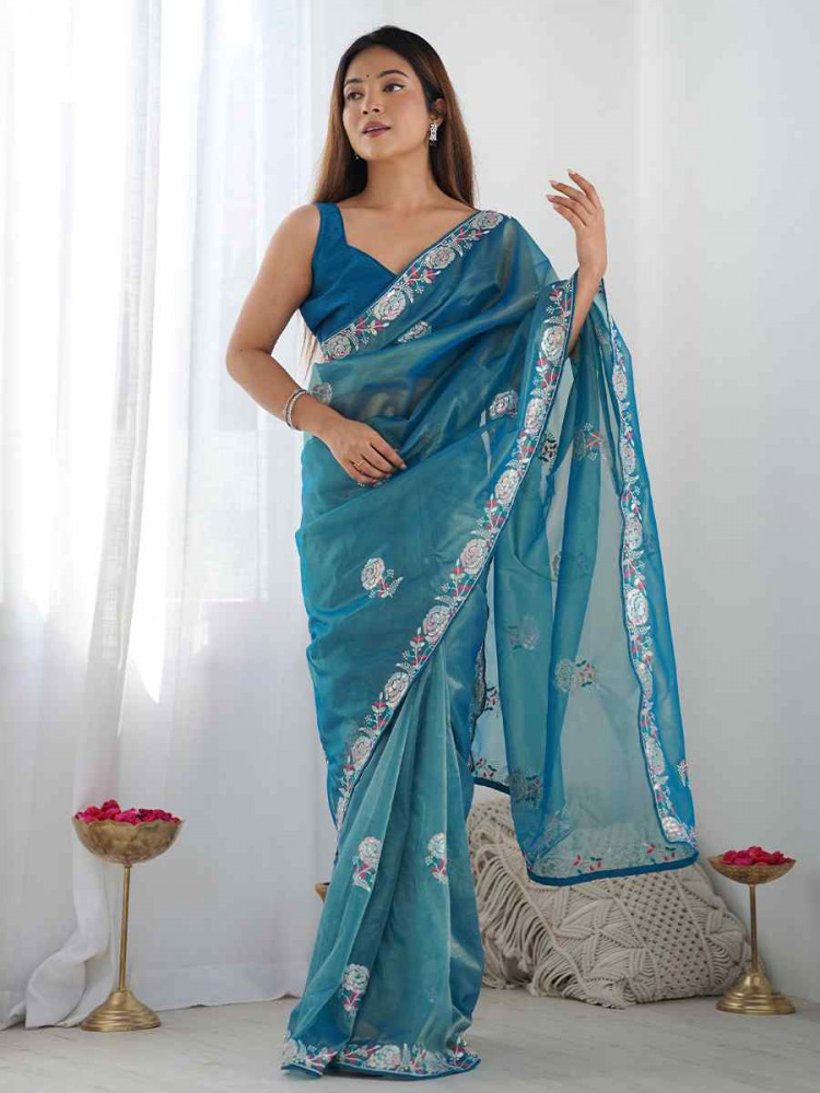 Teal Organza Embroidered Festival Wedding Fancy Heavy Border Saree