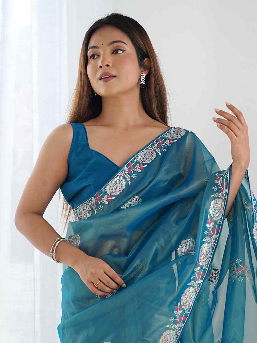 Teal Organza Embroidered Festival Wedding Fancy Heavy Border Saree