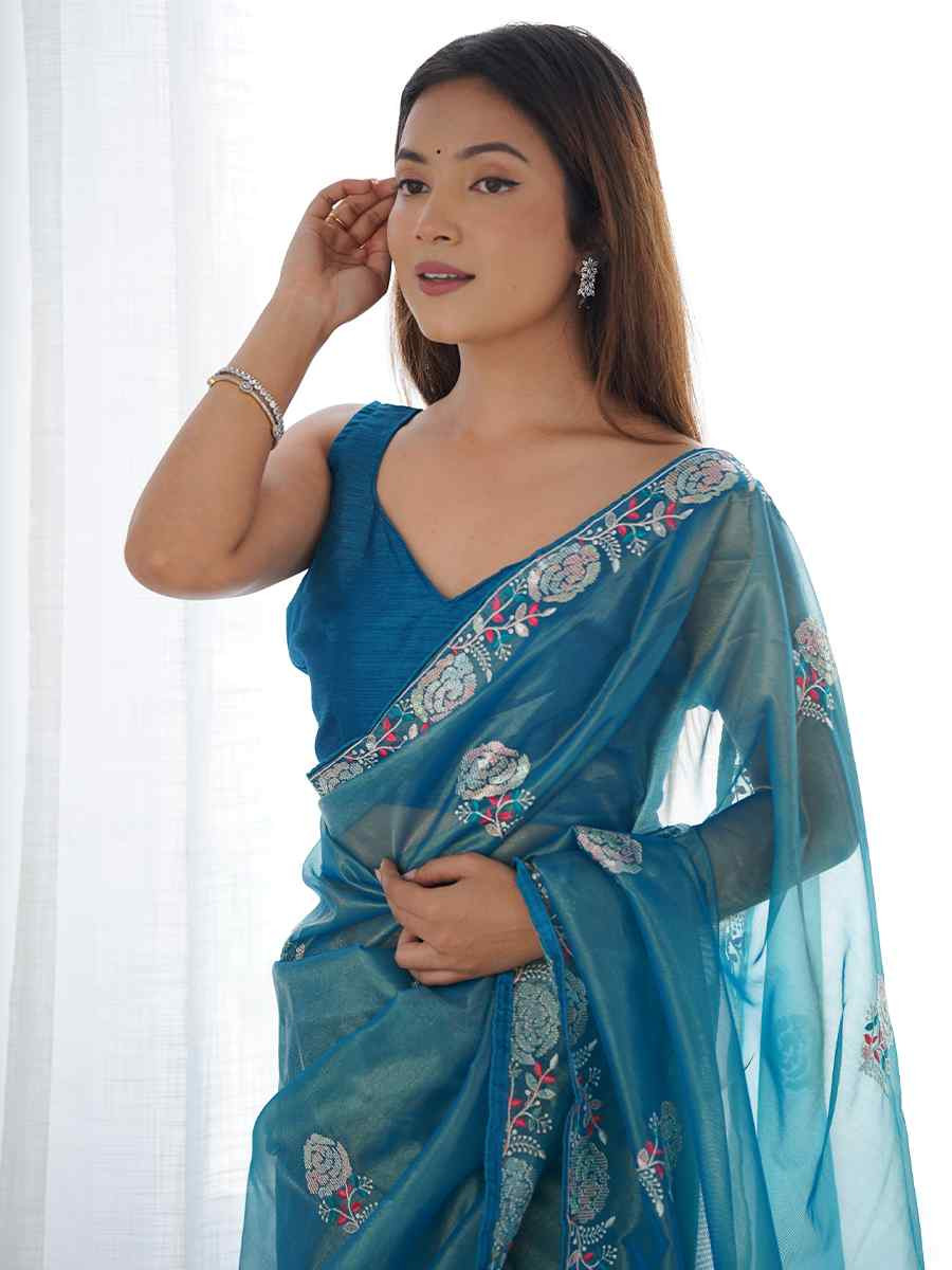 Teal Organza Embroidered Festival Wedding Fancy Heavy Border Saree