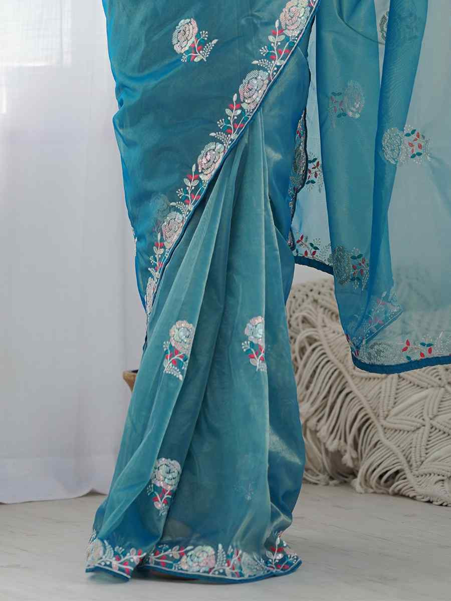 Teal Organza Embroidered Festival Wedding Fancy Heavy Border Saree