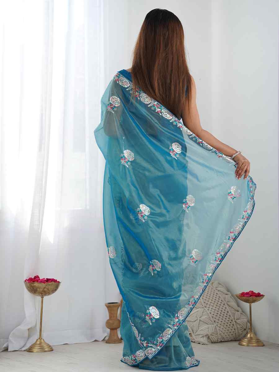Teal Organza Embroidered Festival Wedding Fancy Heavy Border Saree