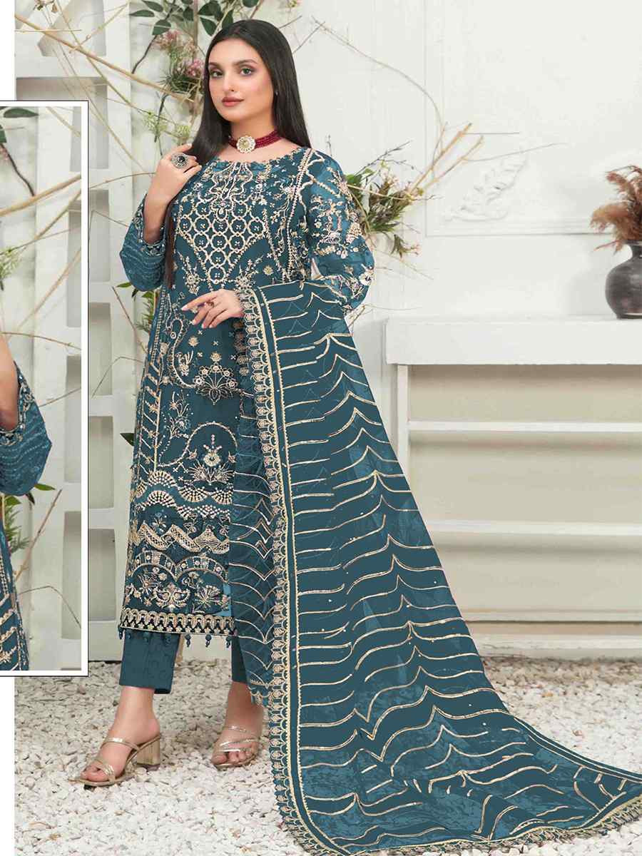 Teal Organza Embroidered Festival Wedding Pant Salwar Kameez