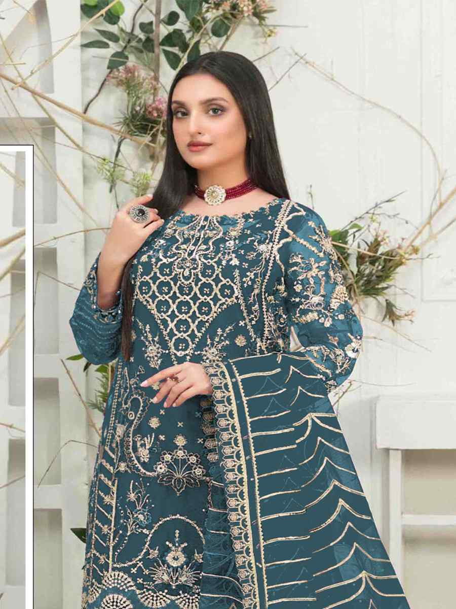 Teal Organza Embroidered Festival Wedding Pant Salwar Kameez