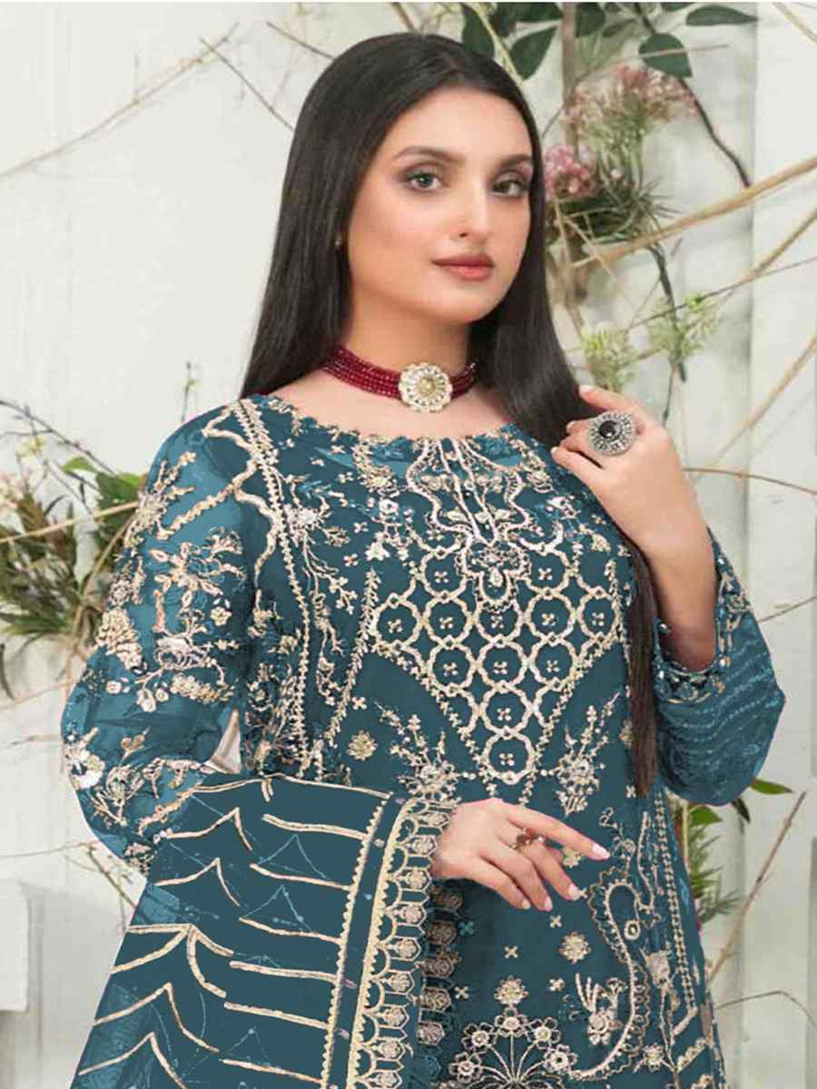 Teal Organza Embroidered Festival Wedding Pant Salwar Kameez
