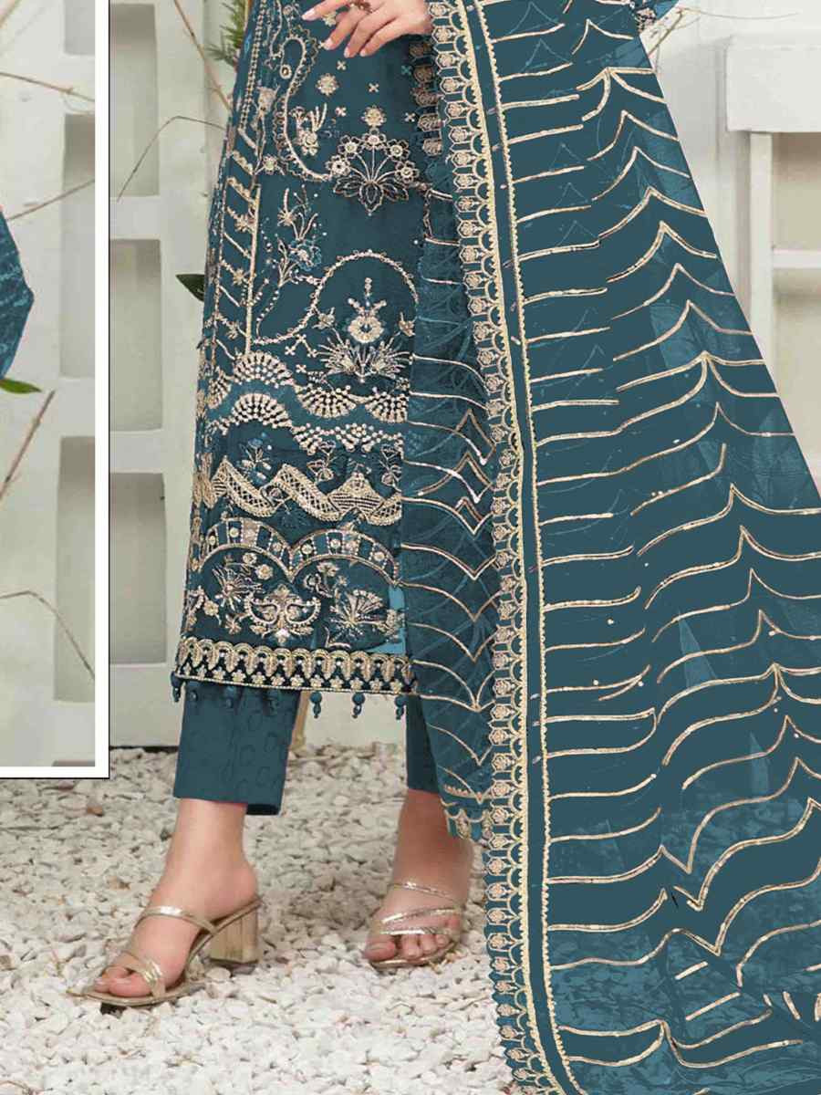 Teal Organza Embroidered Festival Wedding Pant Salwar Kameez